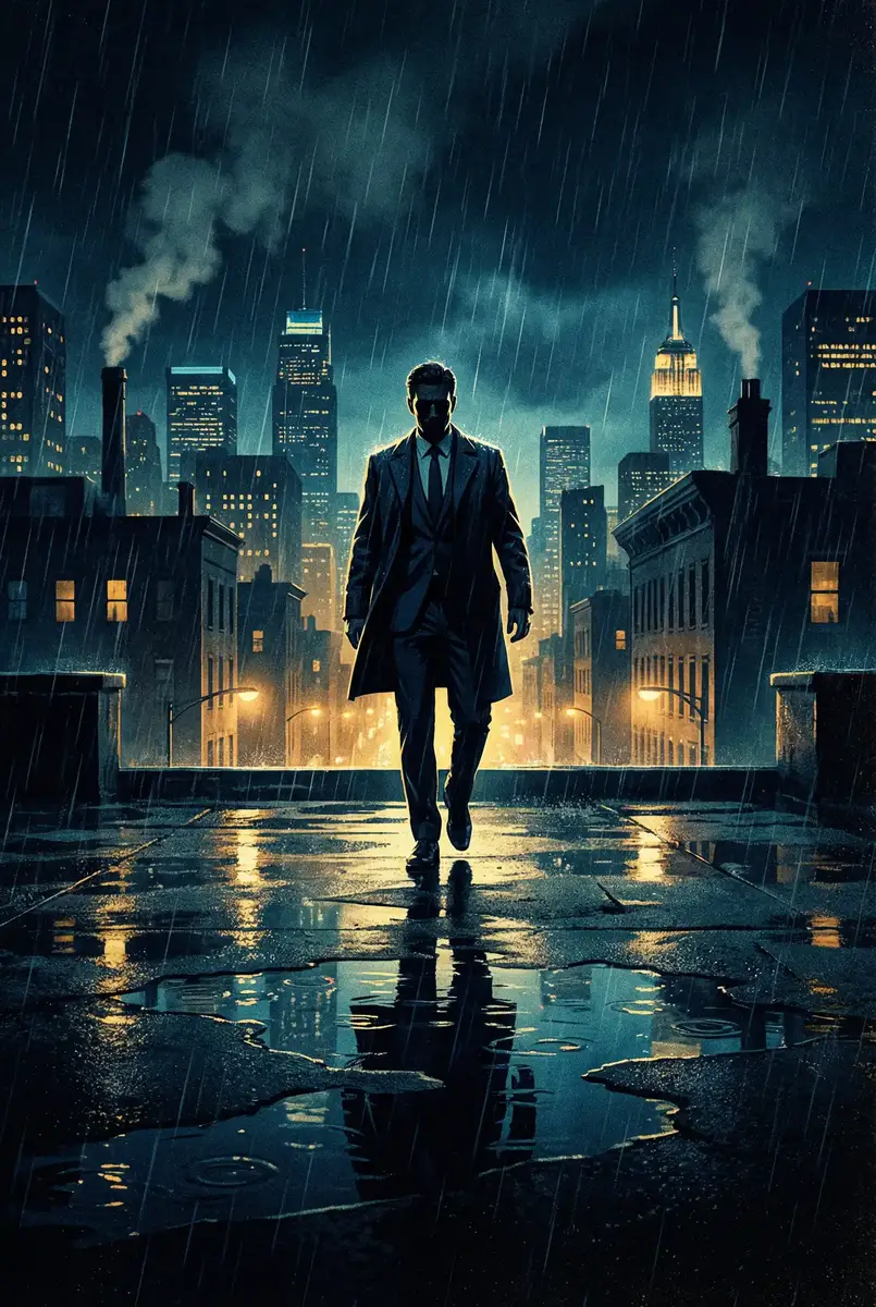 电视剧上阳赋全集在线观看 出品影片《雨夜独行者》海报，雨中城市屋顶男性剪影